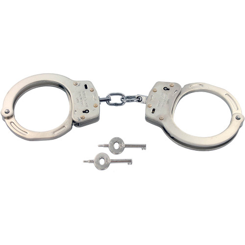 Yuil Model Y-001 Oversized Nickel Plated Double Locking Handcuffs. Handcuffs open about 15% larger than standard cuffs. Weigh 10.8 ounces.